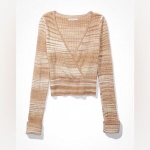 American Eagle Tan & Cream Striped Crop Wrap Sweater Women’s Large | Boho Chic